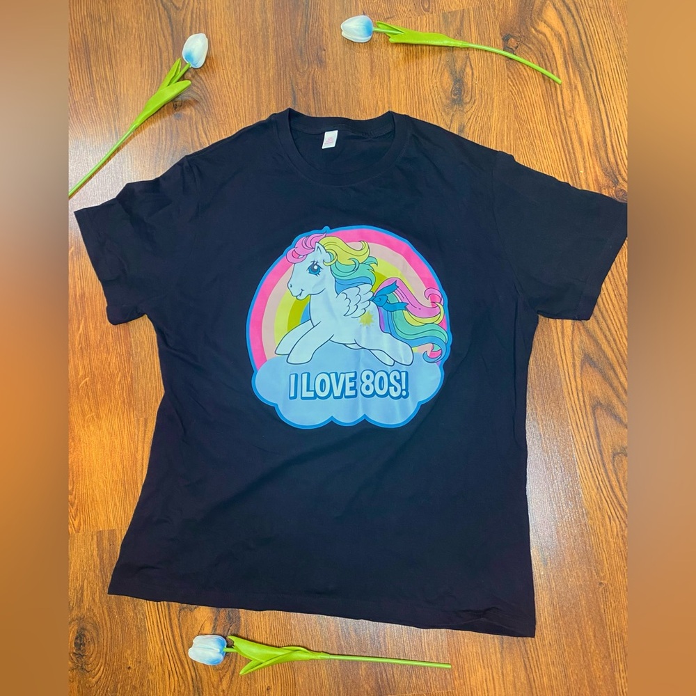 🎀🌷 Black 100% Cotton My Little Pony T Shirt with Rainbow “I love 80s” Design 🌷🎀